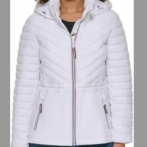 Tommy Hilfiger Women's Puffer Lightweight Hooded Stretch Jacket with Drawstring